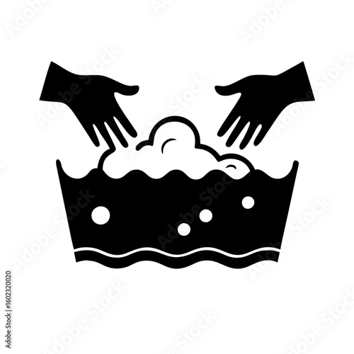 Hands washing something in a basin with water and soap bubbles icon vector