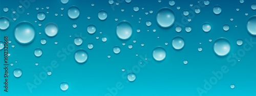 Waterdrop beads on blue surface - crystal clear droplets with shadows, various sizes of pure water spheres scattered on smooth backdrop. Fresh moisture elements for beverage advertising, rain effects.