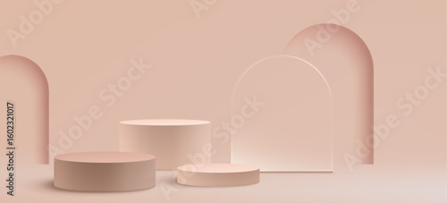 Beige podium composition with three cylinder platforms and arch backdrop. Cream minimalist display for product presentation with circular pedestals. Elegant stage design for luxury beauty ad.