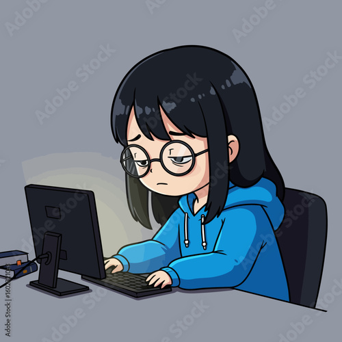 Cartoon girl in blue hoodie with glasses types on a computer next to books in a gray room