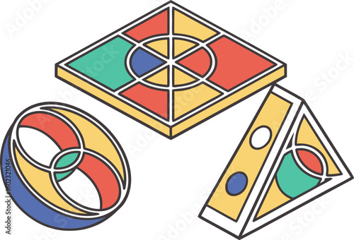 Abstract geometric shapes with stained glass patterns in primary colors and teal presented in an isometric perspective against a white background