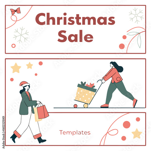 Festive christmas sale announcement featuring shoppers with gifts and shopping bags perfect for holiday promotions and marketing templates