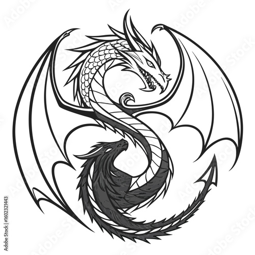 Two fire dragons coiled around each other in a circular yin-yang pose their bodies wrapping from front to back of the shirt high-detail fantasy ink style tribal tattoo design