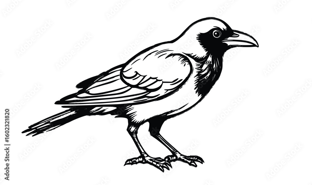 Obraz premium Detailed black and white crow vector sketch perfect for nature illustrations, logos, study materials, or tattoos