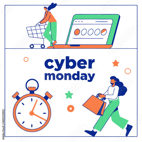 Cyber monday shopping frenzy with people buying online and in stores featuring a laptop shopping cart bags and a stopwatch