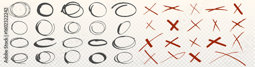 Hand drawn highlight marks set with black oval circles and red cross symbols made with crayon strokes. Sketchy emphasis elements - scribbled rings with X shapes for marking documents or corrections.