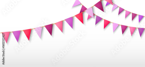 Colorful party garland - triangular bunting flags in pink, purple and red colors on golden rope. Festive decoration for birthday or event celebration on white background. Carnival pennant banner.