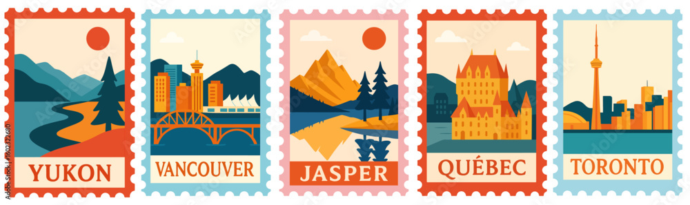 Obraz premium SET OF CANADA STAMPS ILLUSTRATION (VANCOUVER, TORONTO, QUEBEC, YUKON, JASPER)