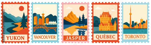SET OF CANADA STAMPS ILLUSTRATION (VANCOUVER, TORONTO, QUEBEC, YUKON, JASPER)