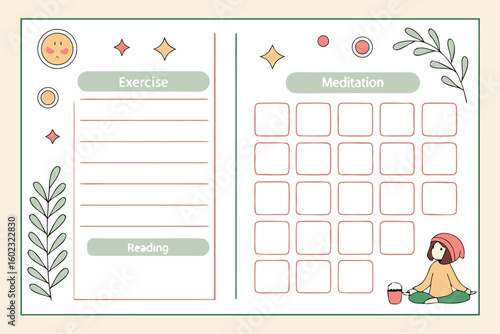 Cute self care planner with sections for exercise reading and meditation tracking featuring adorable illustrations and a simple layout for daily habits