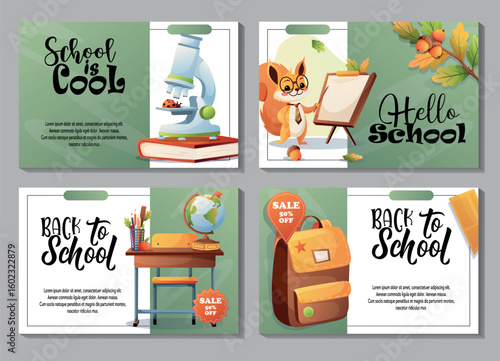 Set of 4 back to school designs featuring a teacher squirrel, microscope, globe, backpacks and educational items. Ideal for posters, promotions, lessons and presentations.