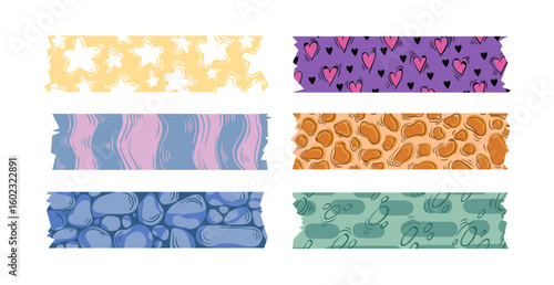 Decorative scrapbook tape strips with fun patterns - yellow stars, purple hearts, wavy stripes, animal spots and abstract shapes. Colorful washi style adhesive for crafting, journaling or diy project