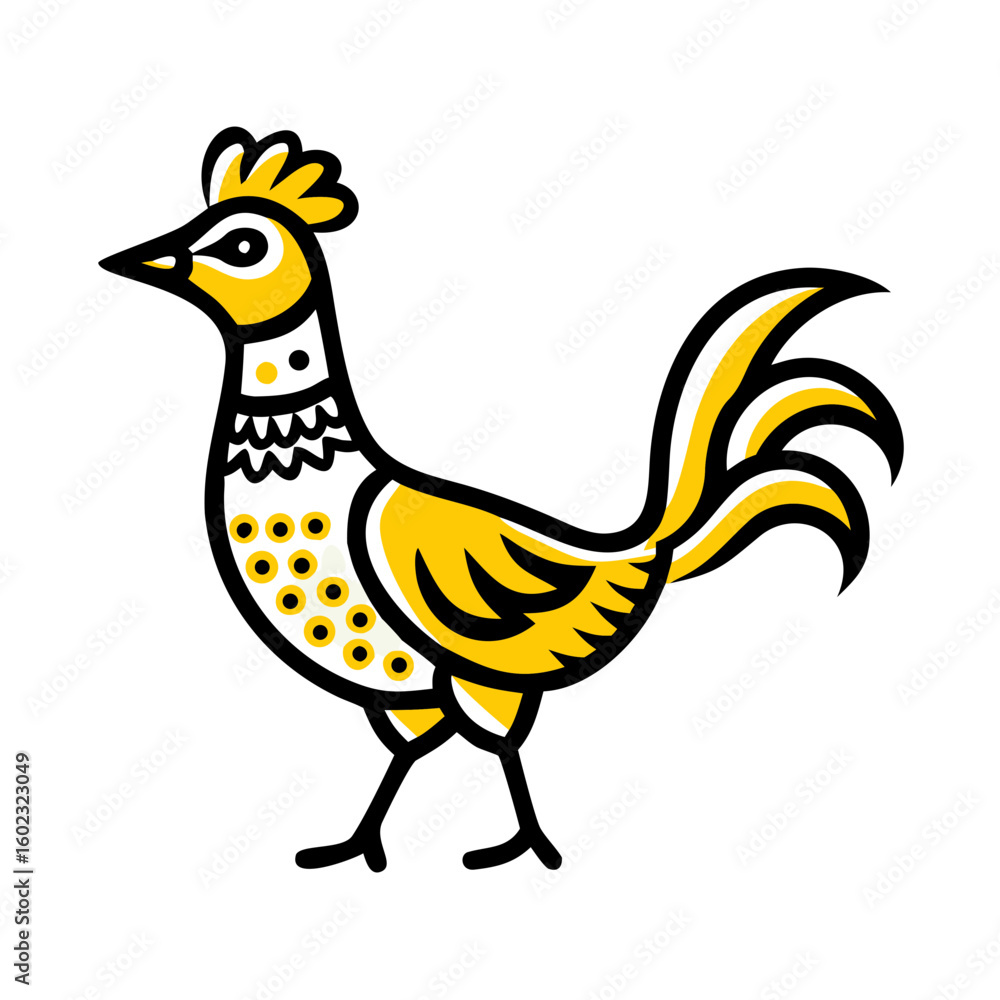 Obraz premium A stylized, geometric illustration of a yellow bird or dove, with simple angular wings and beak, against a plain white background. 