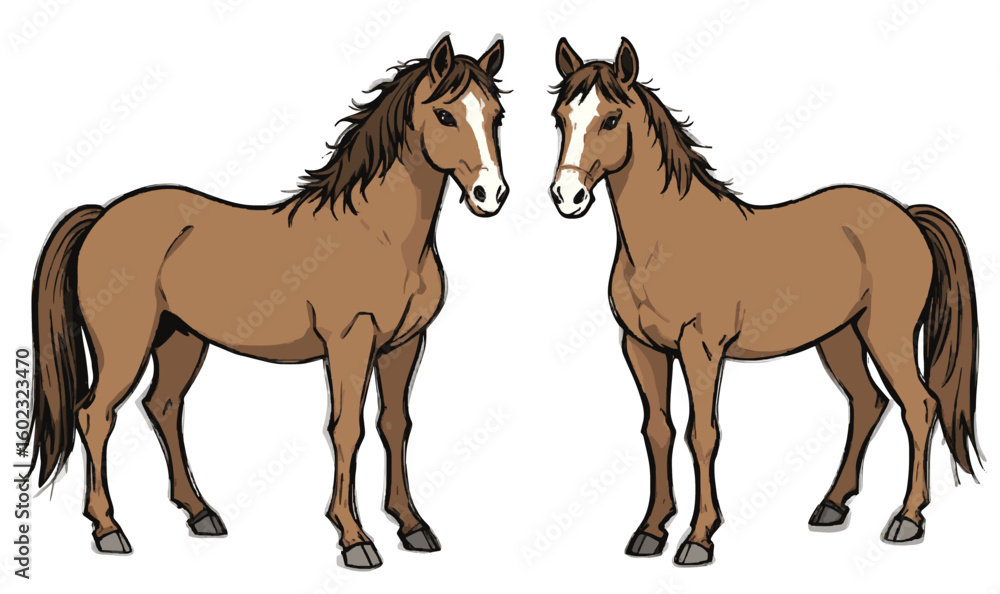Fototapeta premium Two Horses Digital Art – Stylized Pair of Brown Horses Illustration