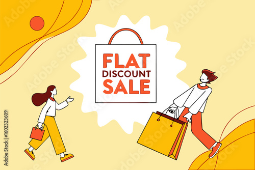 Exciting flat discount sale event with happy shoppers carrying shopping bags promoting retail and consumerism with vibrant colors and modern illustration style