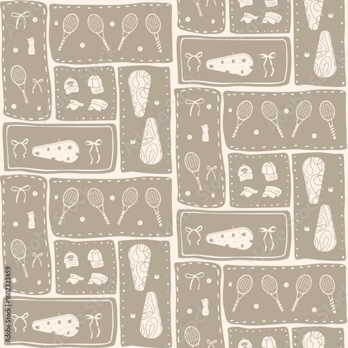 Tennis bento grid seamless pattern. Sports rackets, balls and bows on geometric boxes endless background. Surface pattern entertainment motif. Vector hand drawn patchwork illustration.