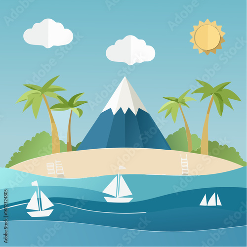 Papercraft illustration, Minimalist Paper Craft exotic Island