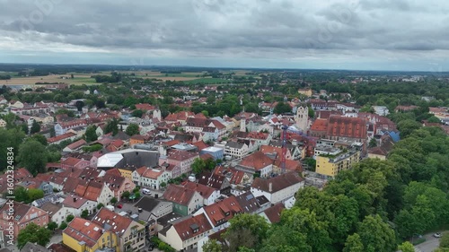 Aerial view of Erding, medieval town center in Bavaria Germany, traditional houses on main street,Gothic Parish