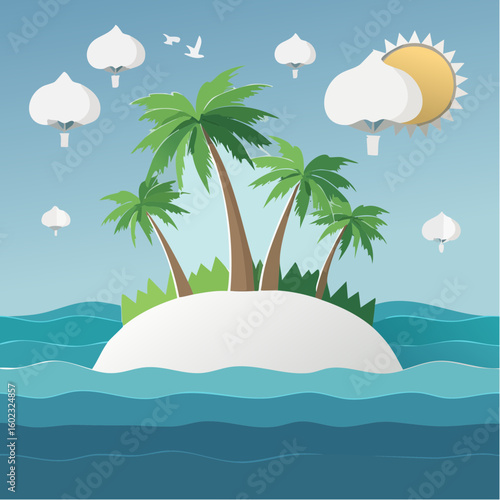 Papercraft illustration, Minimalist Paper Craft exotic Island