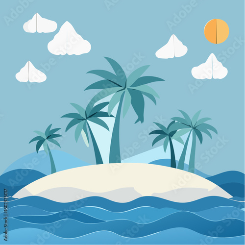 Papercraft illustration, Minimalist Paper Craft exotic Island