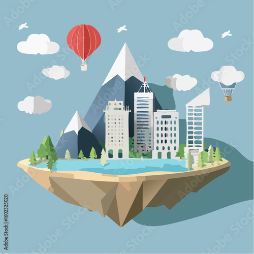 Papercraft illustration, Minimalist Paper Craft exotic Island
