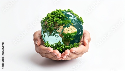 Earth in Gentle Hands: A person's cupped hands cradle a miniature globe, lush with greenery, symbolizing the delicate balance of nature and the importance of environmental stewardship.