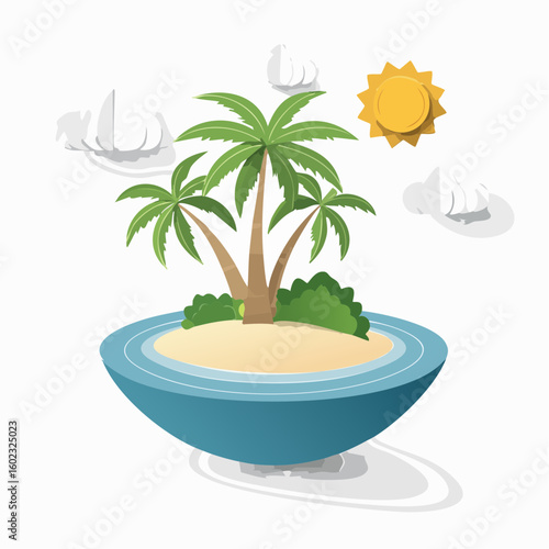Papercraft illustration, Minimalist Paper Craft exotic Island