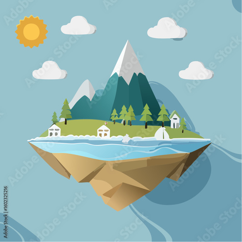 Papercraft illustration, Minimalist Paper Craft exotic Island