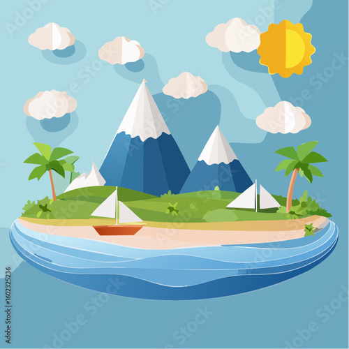 Papercraft illustration, Minimalist Paper Craft exotic Island
