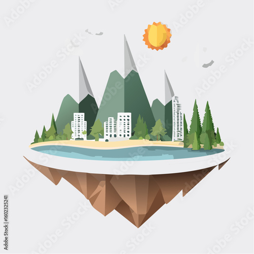 Papercraft illustration, Minimalist Paper Craft exotic Island