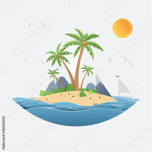 Papercraft illustration, Minimalist Paper Craft exotic Island