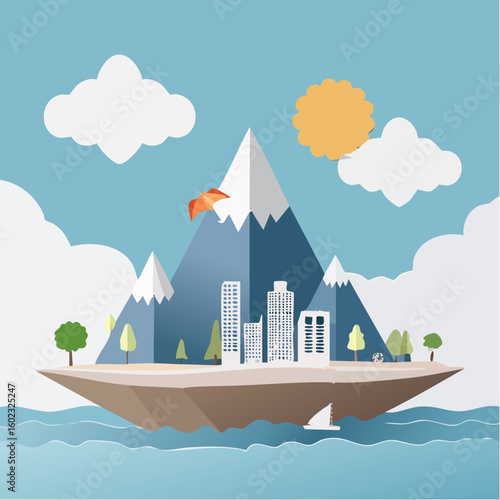 Papercraft illustration, Minimalist Paper Craft exotic Island