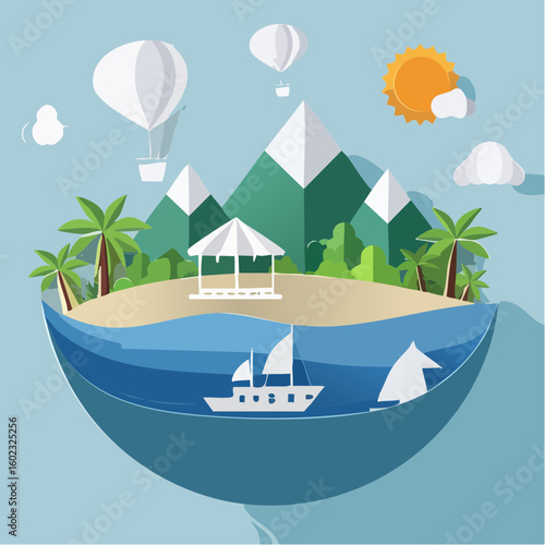 Papercraft illustration, Minimalist Paper Craft exotic Island