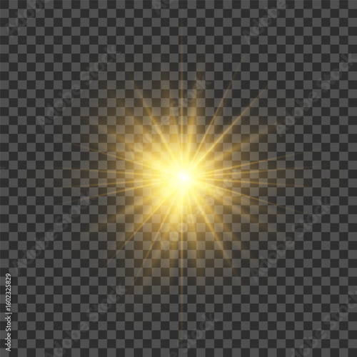 Golden sparkle light burst with glowing rays and magical shine. Vector flare on transparent background. Perfect for festive, luxury, or sunny decorative design