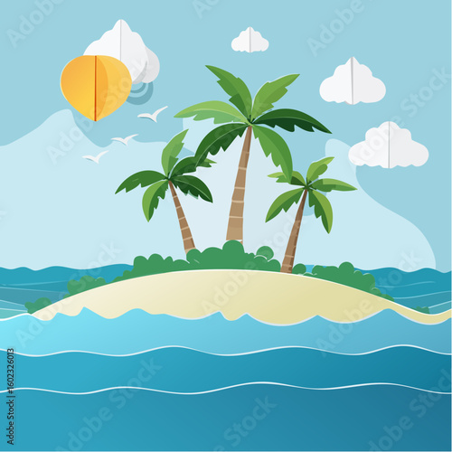 Papercraft illustration, Minimalist Paper Craft exotic Island