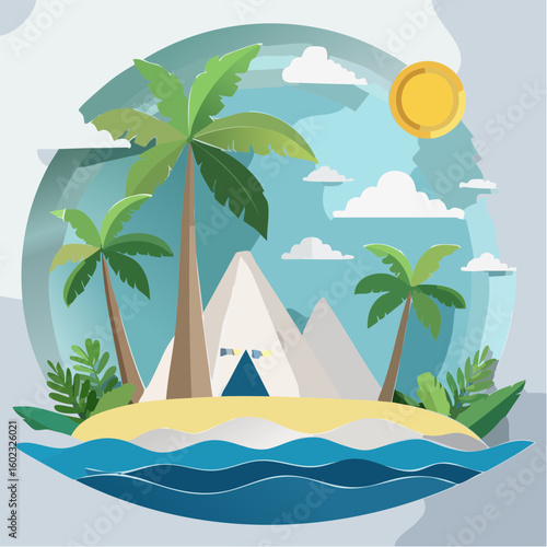 Papercraft illustration, Minimalist Paper Craft exotic Island