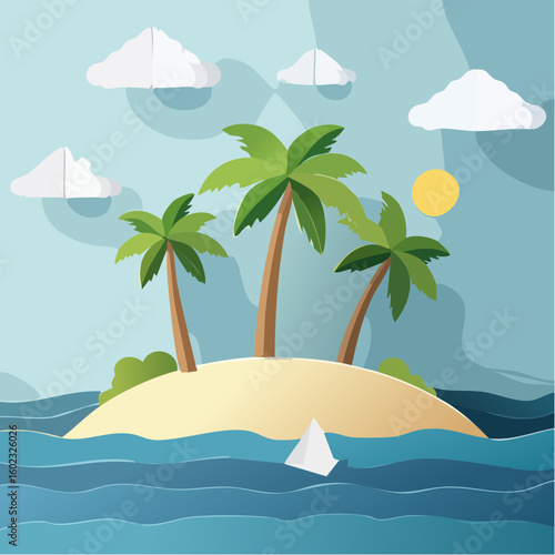 Papercraft illustration, Minimalist Paper Craft exotic Island