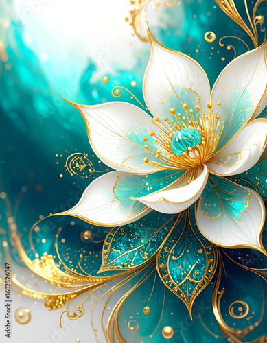 Wallpaper Mural A detailed illustration of a turquoise and white flower with golden accents. Torontodigital.ca