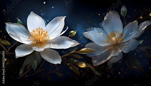 Wallpaper Mural A digital illustration of elegant white flowers against a dark, starry background. Torontodigital.ca