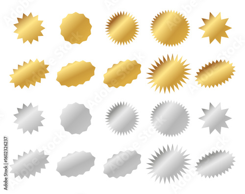 Set of shiny gold and silver sunburst badges in round shape with metallic gradient isolated on white background perfect for awards and certificate designs.