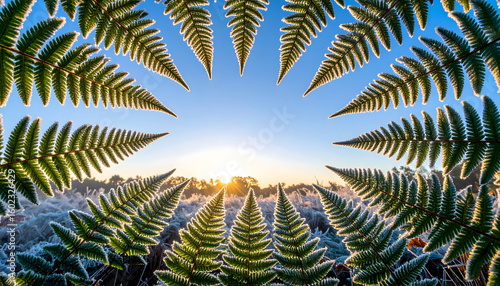 Wallpaper Mural A frost-covered fern frame surrounding a sunrise in a serene landscape. Torontodigital.ca