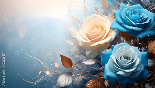 Wallpaper Mural A serene arrangement of blue and cream roses with elegant leaves and a soft background. Torontodigital.ca