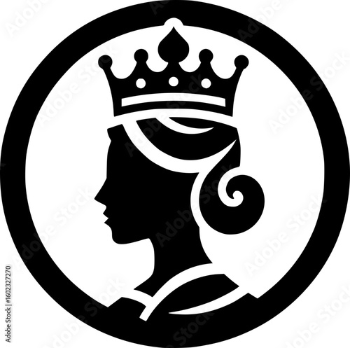 Minimalist black and white queen icon in a circle. Clean, modern lines, perfect for logos, stickers, or digital use. Simple and geometric design.