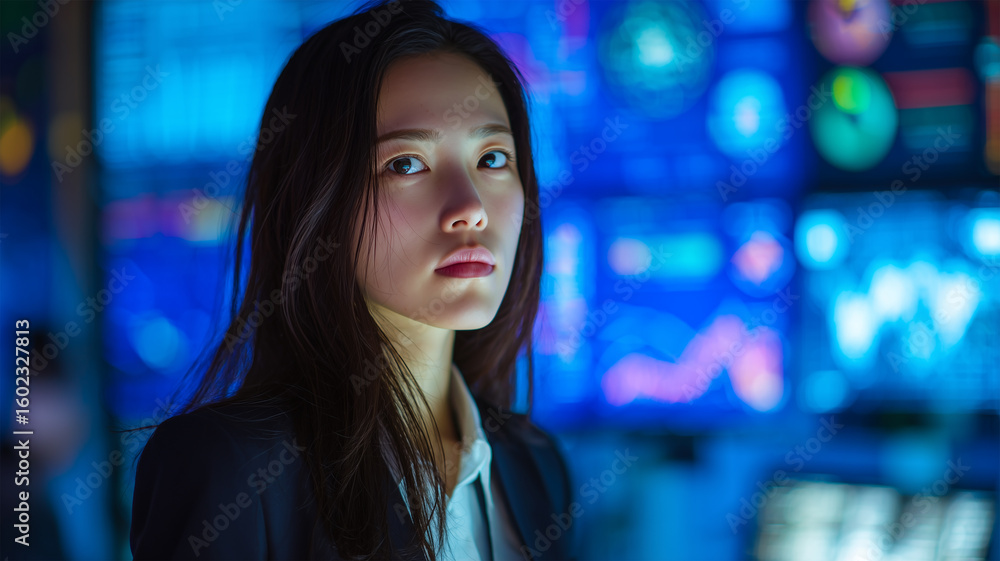 Obraz premium 日本人女性が夜間に分析業務
