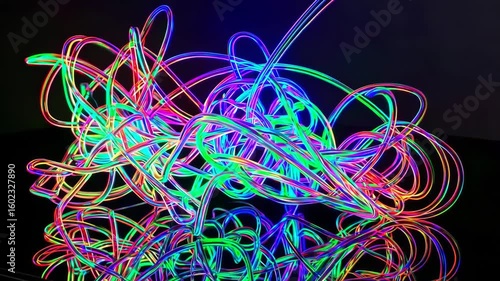 Vivid Tangled Fiber Optic Strands Glowing in Multiple Colors on Black Mirror Base

