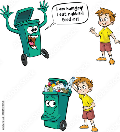 Cartoon mascot trash can. Little boy throwing plastic bottles into the trash can.