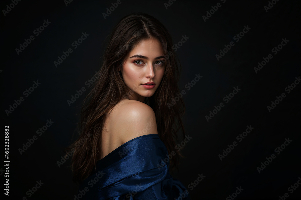 Naklejka premium Portrait of a Woman with Dark Hair in Blue Top, Stunning Portrait of Young Woman with Dark Hair and Striking Eyes