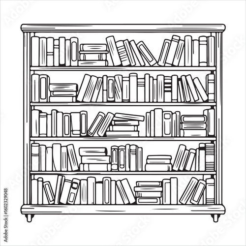 Vintage sketch of a wooden bookshelf filled with books
