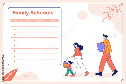 Family schedule planning with parents and child walking together illustrating organization and shared activities for a harmonious household