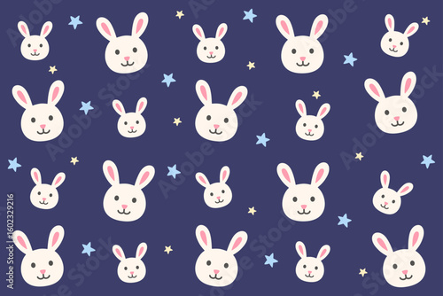 Whimsical rabbit faces and stars on a dark blue background. Great for nighttime-themed kids' prints, pajamas, or playful animal-inspired decor.